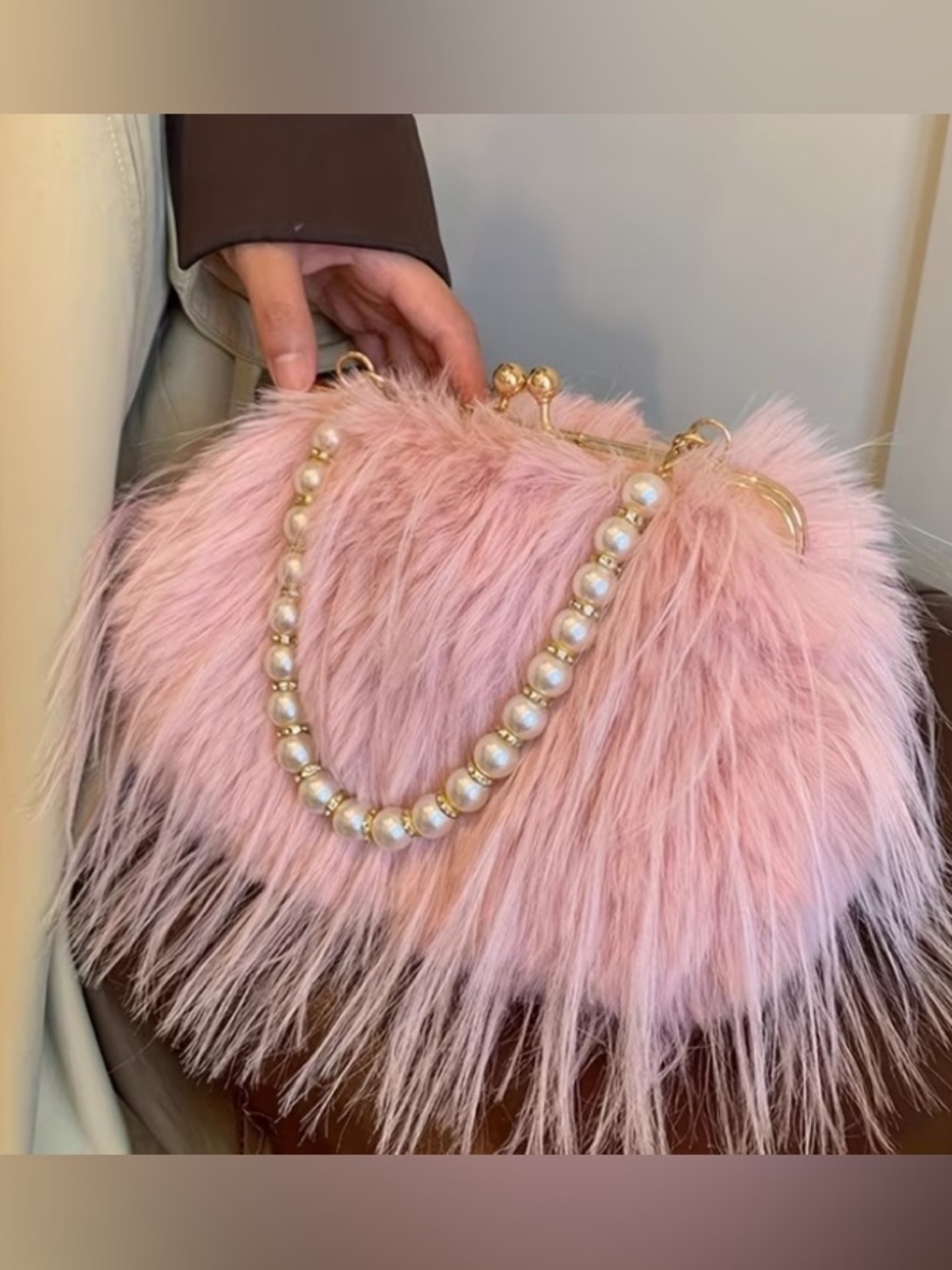 Pink Faux Fur Pearl-Handle Evening Bag